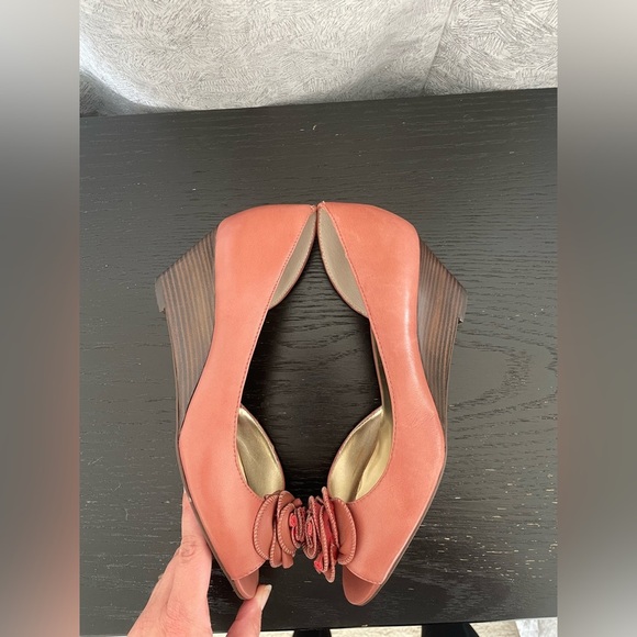 Etienne Aigner Coral Peep Toe Wedge Heels with Floral Accent | 8 - Picture 7 of 12